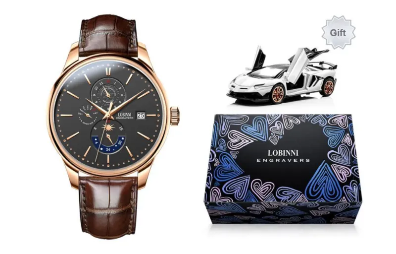 LOBINNI L Automatic Mechanical Movement Cowhide Strap Watch Men's Watches White Dial-14