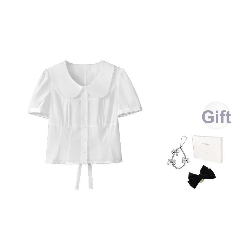 Fstudio Летний Корейский стиль Анти-эйджинг Воротник Питера Пэна 100% хлопок Короткий рукав Топ Женский