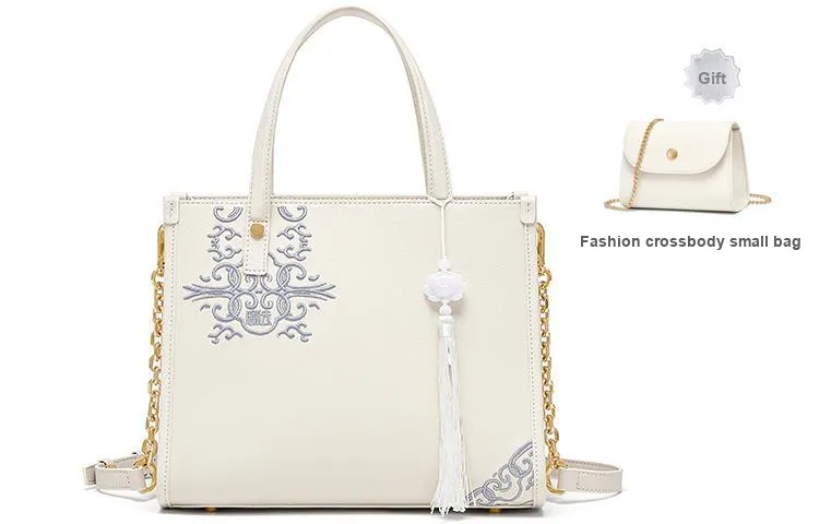 Gong Xuan Cow Leather One Shoulder Handbag Tubas Women's Blue And White Porcelain White-1