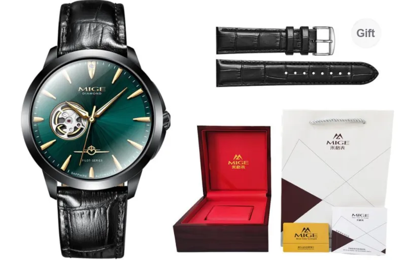 MIGE Pilot Collection Mechanical Movement Cowhide Strap Watch Men's Watches Black Dial-4