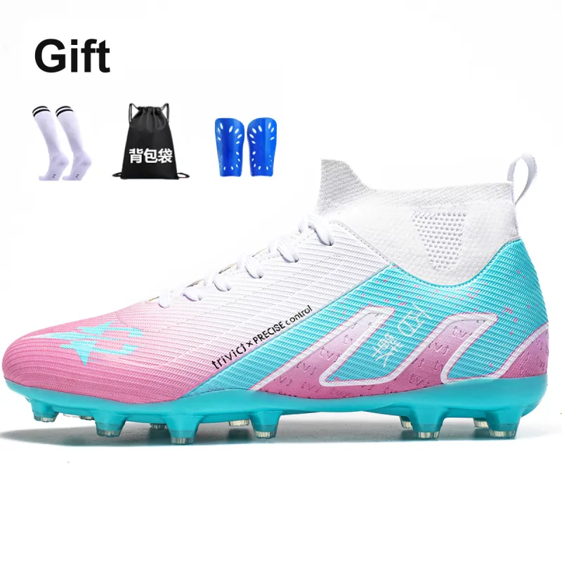 TriVict Win A Hundred Battles And Win A Hundred Victories. Soccer Shoes Unisex Mid Top White/Pink/Aqua/Blue-38