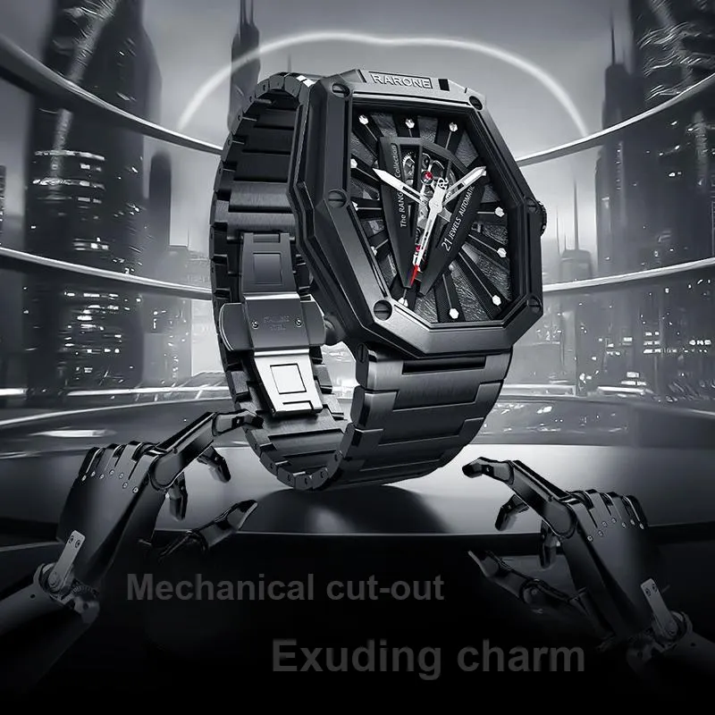 RARONE Knight Laser Knight, Night Black Mechanical Movement Stainless Steel Watchband Watch Men's Watches Cut Out Dial-1