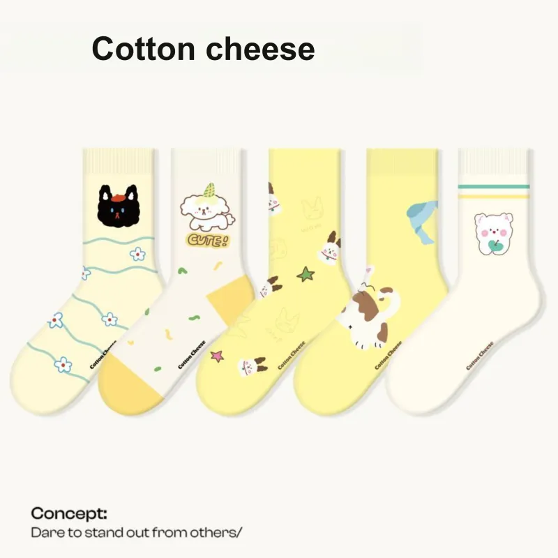 COTTON CHEESE Mid Calf Socks Unisex 5 Pack Cheese Grapefruit-1
