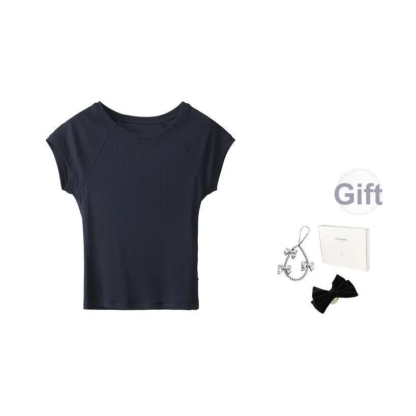 Fstudio Корейский стиль Однотонный Круглый вырез Топ Трикотажная ткань Короткий рукав Т-рубашка Женская