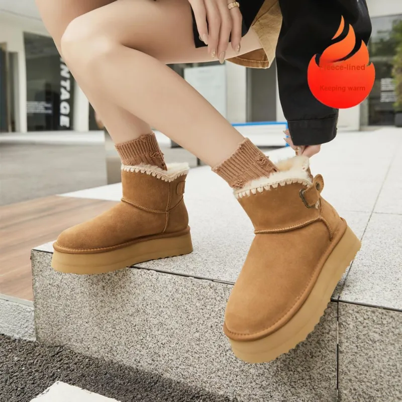 EBLAN Warm Wear-Resistant Slip-Resistant Ankle-Length Snow Boots Women's Chestnut-3