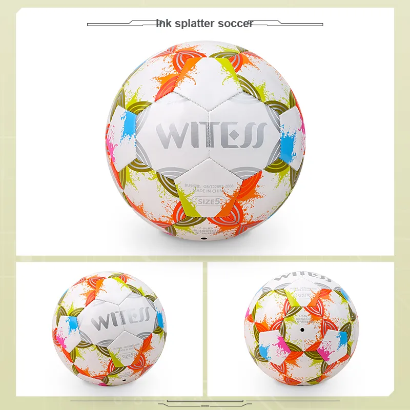 WITESS Size 5 Soccer PVC Machine Stitched Soccer Ball Unisex Multicolor Ink Splatter-7