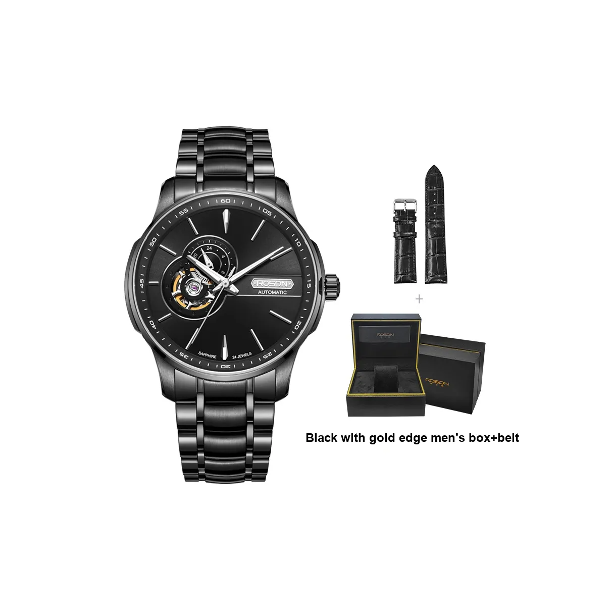 ROSDN Automatic Mechanical Movement Stainless Steel Watchband Watch Men's Watches Black Dial