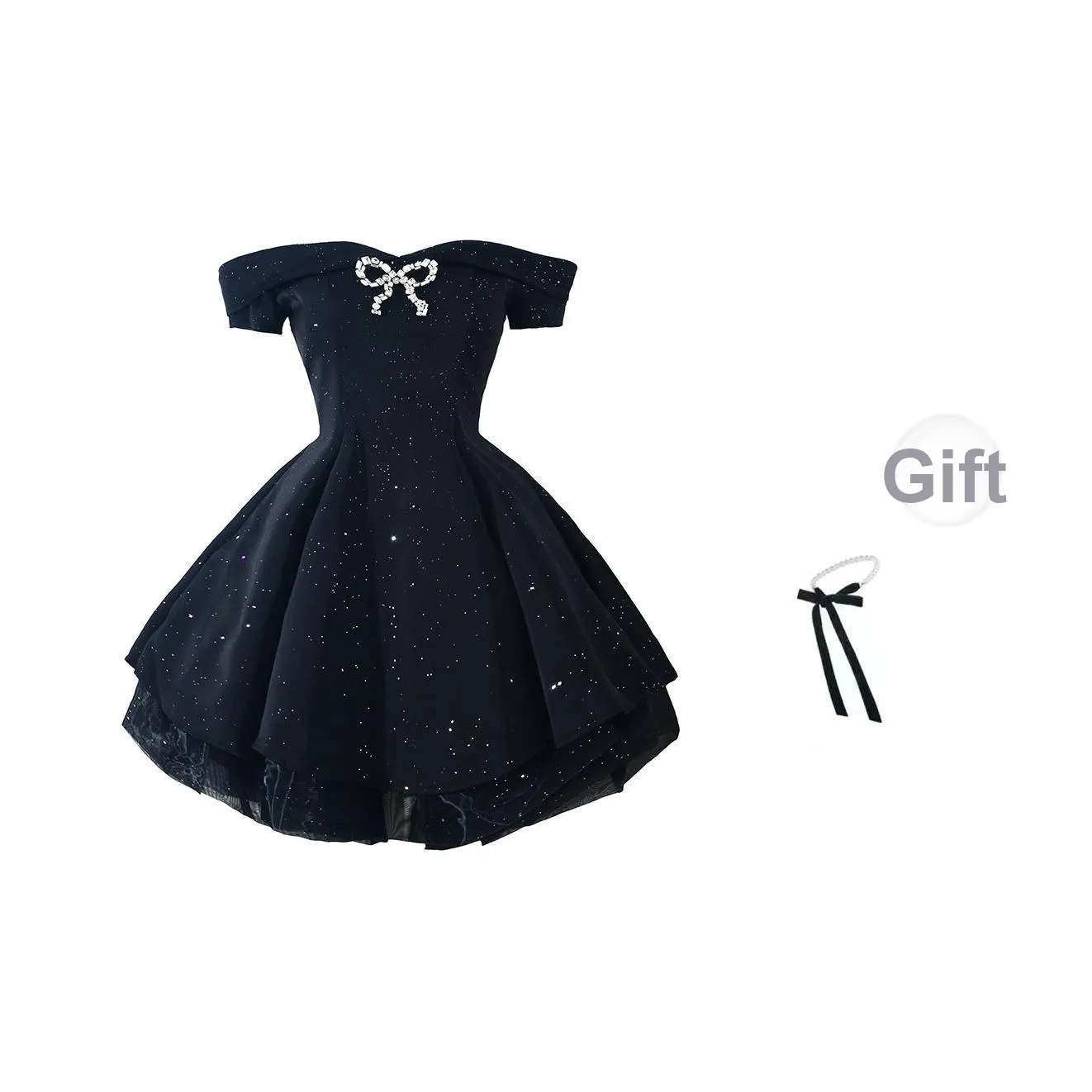 WOVLAS С манжетами Короткое Платье Женское Черное Съемный Бант