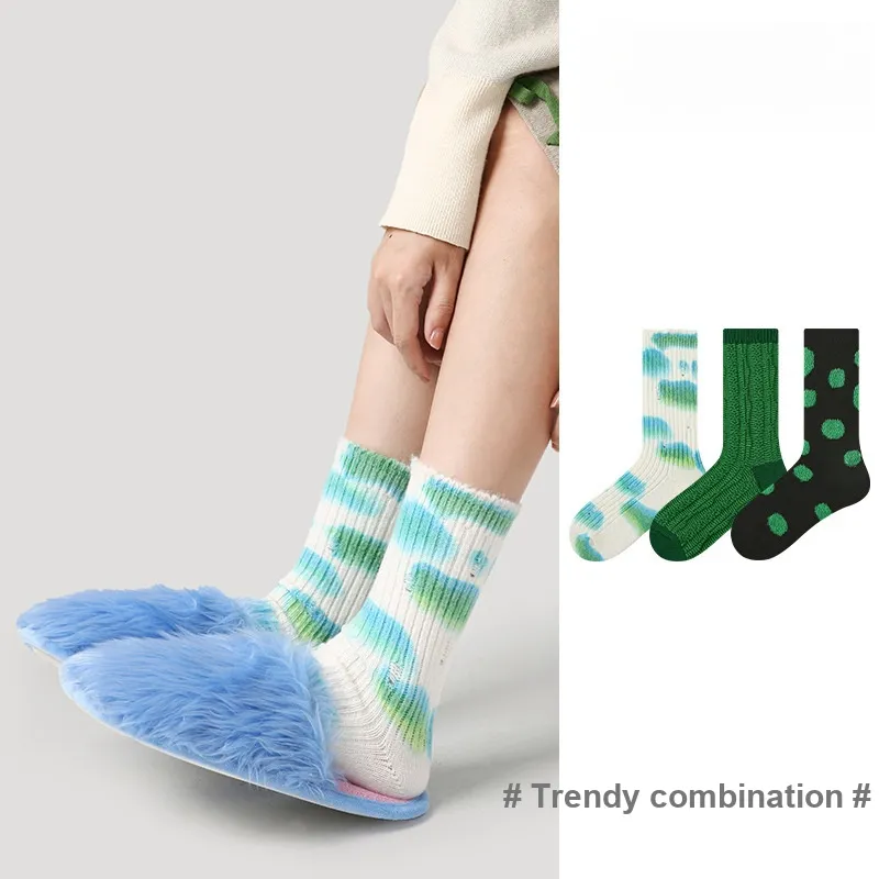Vine Color Mid Calf Socks Unisex 3 Pack Green Lotus Misty Rain-2
