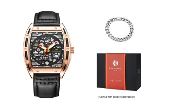 KUN HUANG Mechanical Movement Genuine Leather Strap Watch Men's Watches Cut-Out Dial