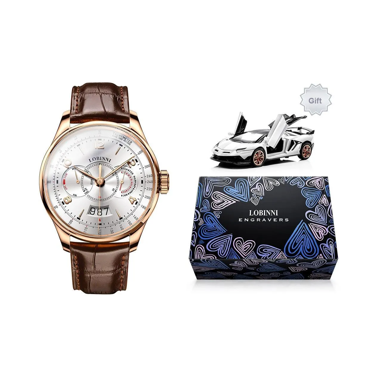 LOBINNI L Men's Watch Automatic Mechanical Movement Cow Leather Strap Watch Men's Watches Silver Dial