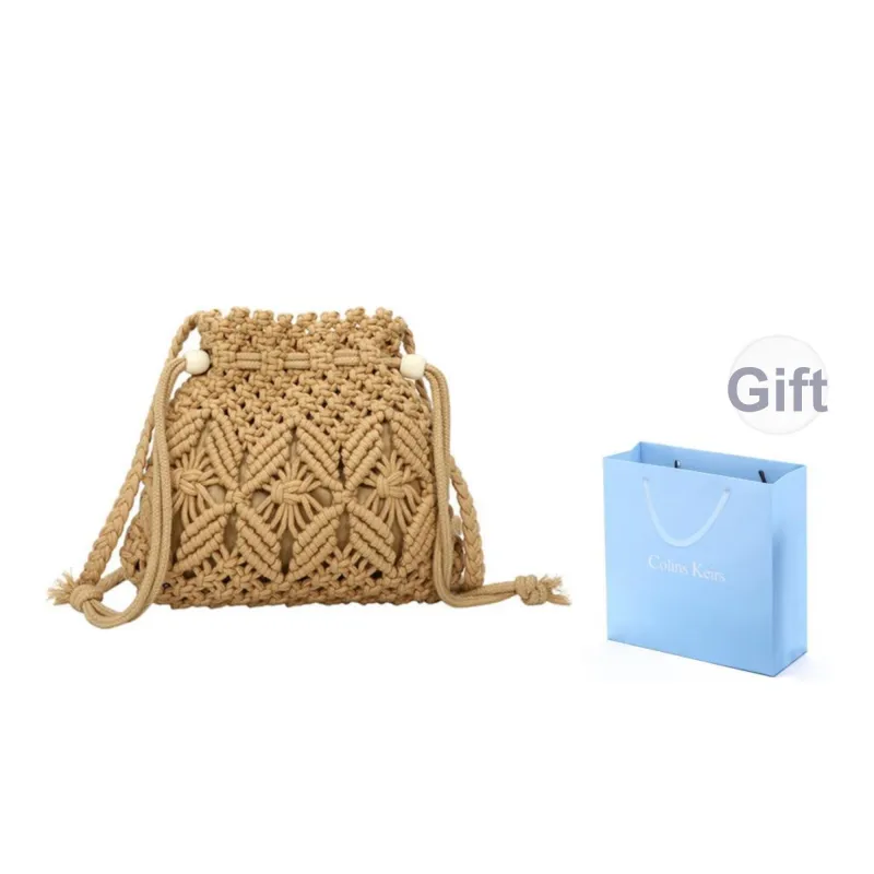COLINS KEIRS Knitted Fabric Bucket Bags Crossbody Bag, Shoulder Bag Women's White/Khaki-6