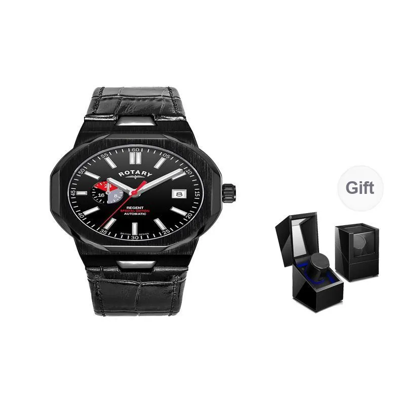 ROTARY Wrist Watch Automatic Mechanical Movement Genuine Leather Strap Black Dial Men's Watches-15