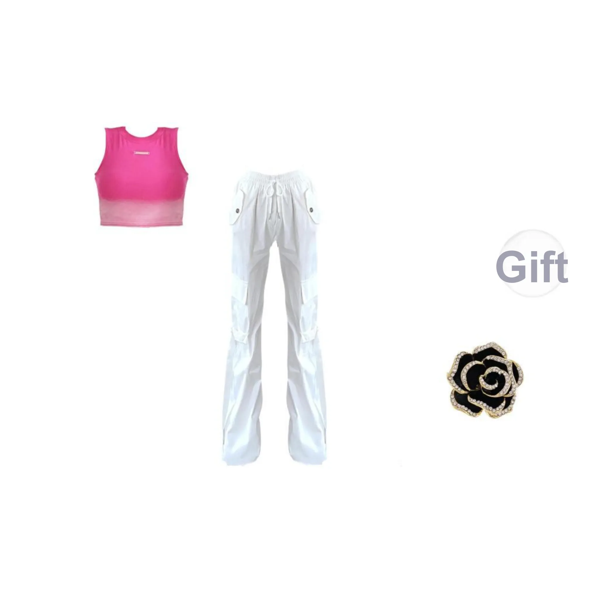 ONNFB Casual Suits Women's Rose Red Top+White Cargo Pants