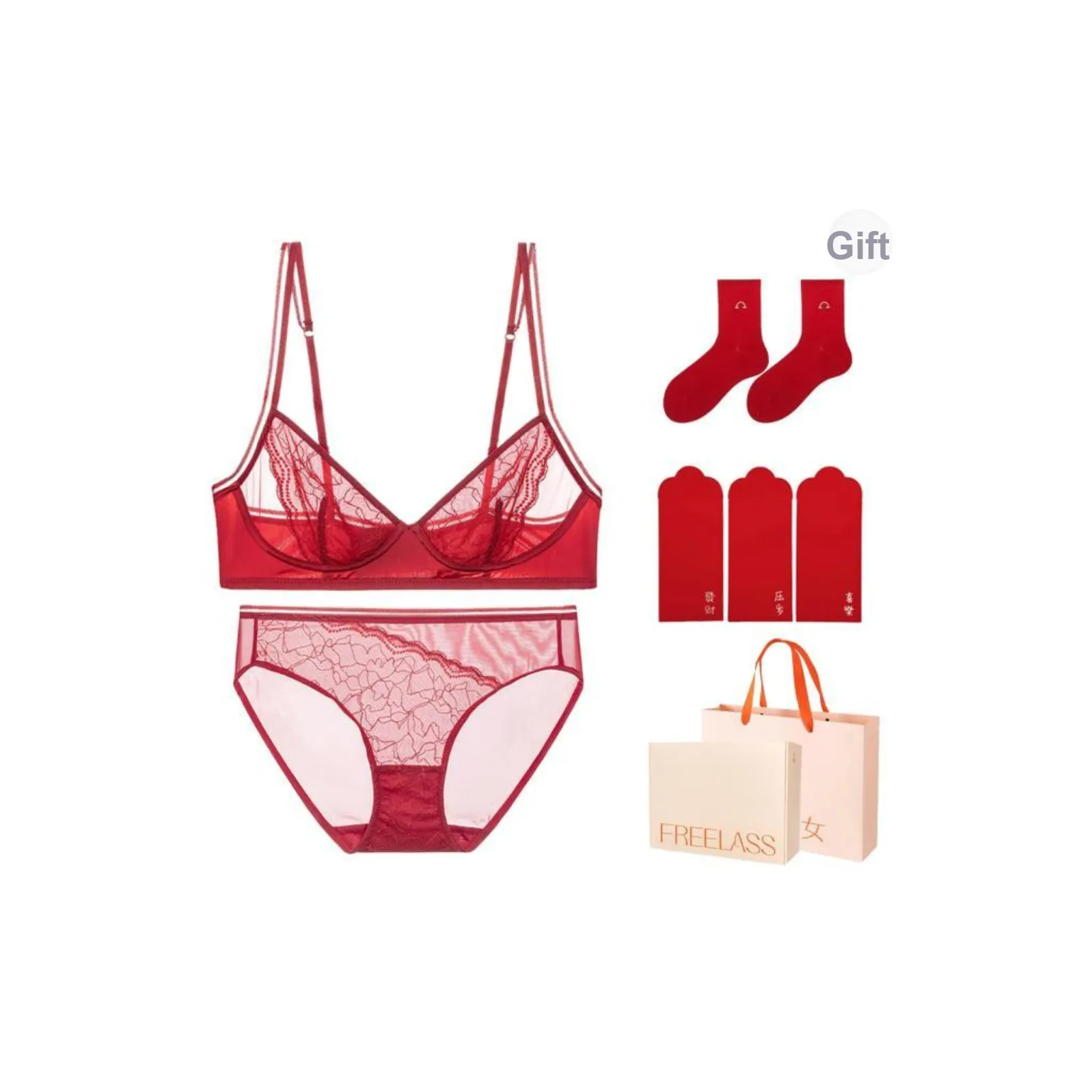 FREELASS Year Of The Dragon Series Underwear Set Gift Box Set Women's Winter Day Cotton Socks Set Of 3 Red