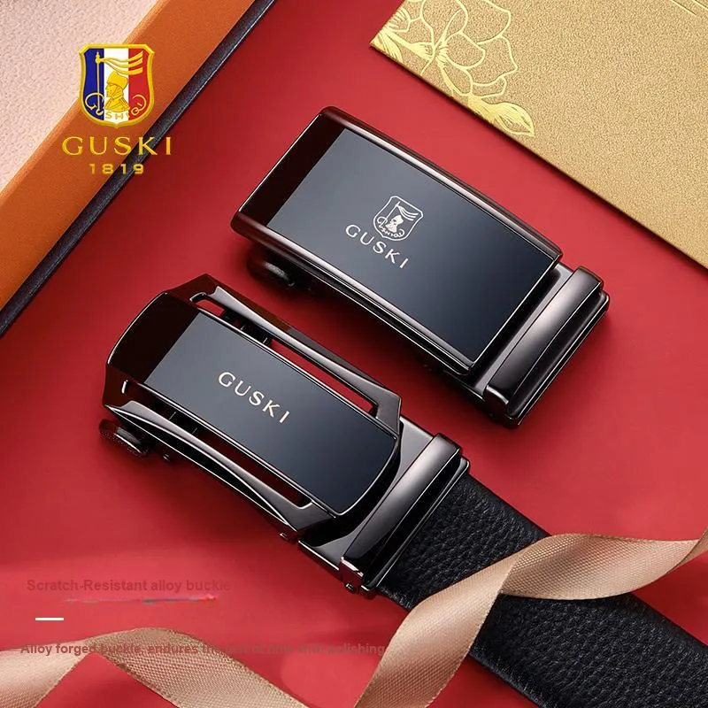 GUSKI Top Grain Cow Leather Automatic Buckle Belt, Premium Elegance Genuine Leather Belt Men's Gunmetal Width 3.5cm-2