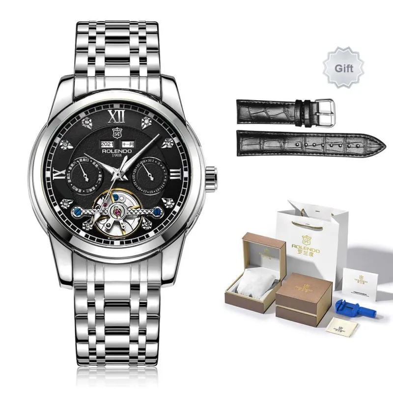 ROLENDO R Automatic Mechanical Movement Stainless Steel Watchband Watch Men's Watches Blue Dial-0