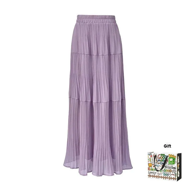 OURUOKE Casual Long Skirts Women's Purple Pleated Skirt
