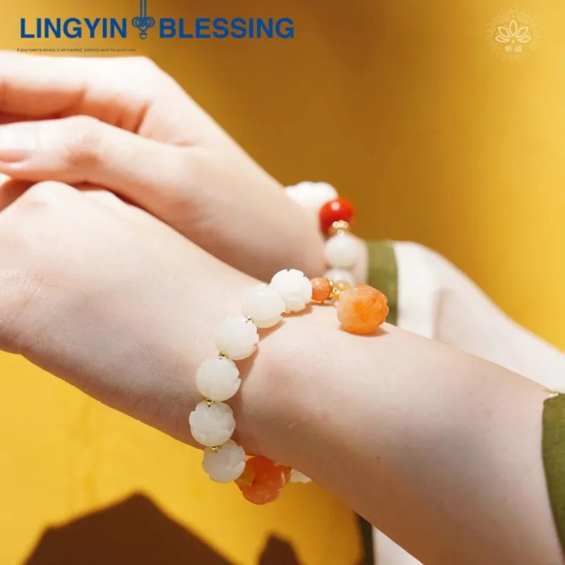 XIZITONGHUA White Jade Bodhi Lotus Pumpkin Beaded Bracelet Women's-4