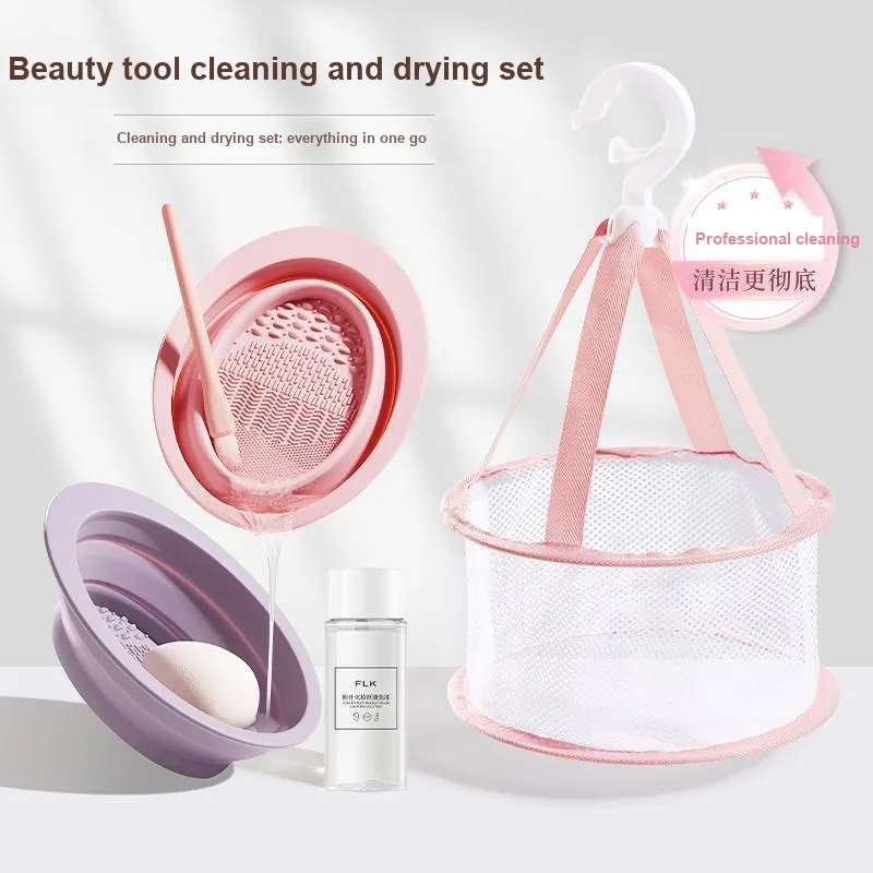 FEILINKA Makeup Brush Silicone Foldable Bowl With Drying Mesh Tool Clean Three Piece Set-5