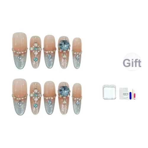 JINGCHANXUE Frozen Flashing Rhinestone False Nail Oval French Gradient Cat Eye 16mm