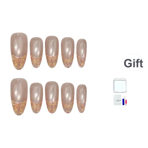 JINGCHANXUE Золото Летний Aurora Французский False Nail Овальный Nude Pink Градиент Shimmer 14mm