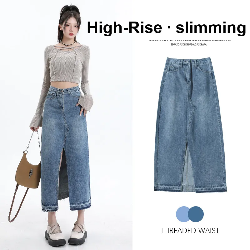 FAWENXIANGZI Denim Long Skirt Women's Vintage Blue-3
