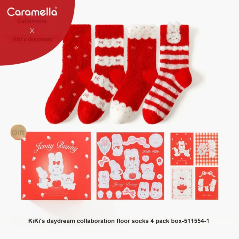 Caramella x Kiki, Mid Calf Socks Women's Box 4 Pack Red-2