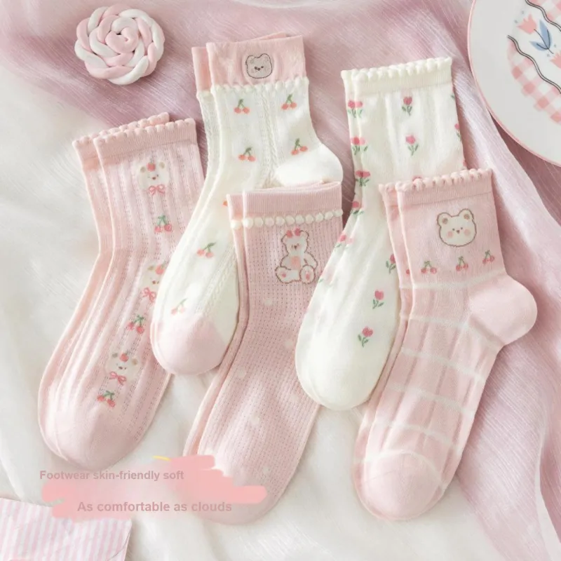 Caramella Mid Calf Socks Women's 5 Pack Pink Cherry Bear-2