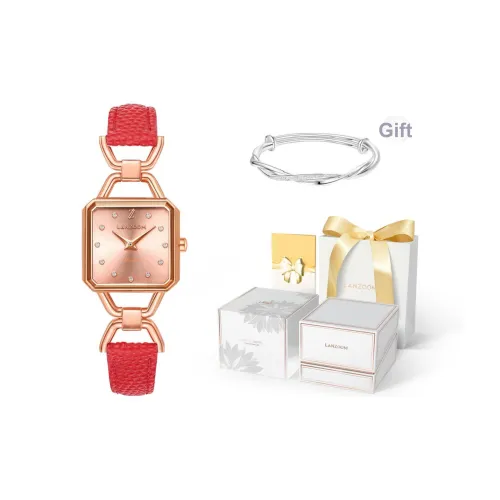 LANZOOM Красный Розовый Часы Кварцевый Механизм Женские Часы на Запястье Розовый Циферблат Часы Естественная Кожа Ремешок