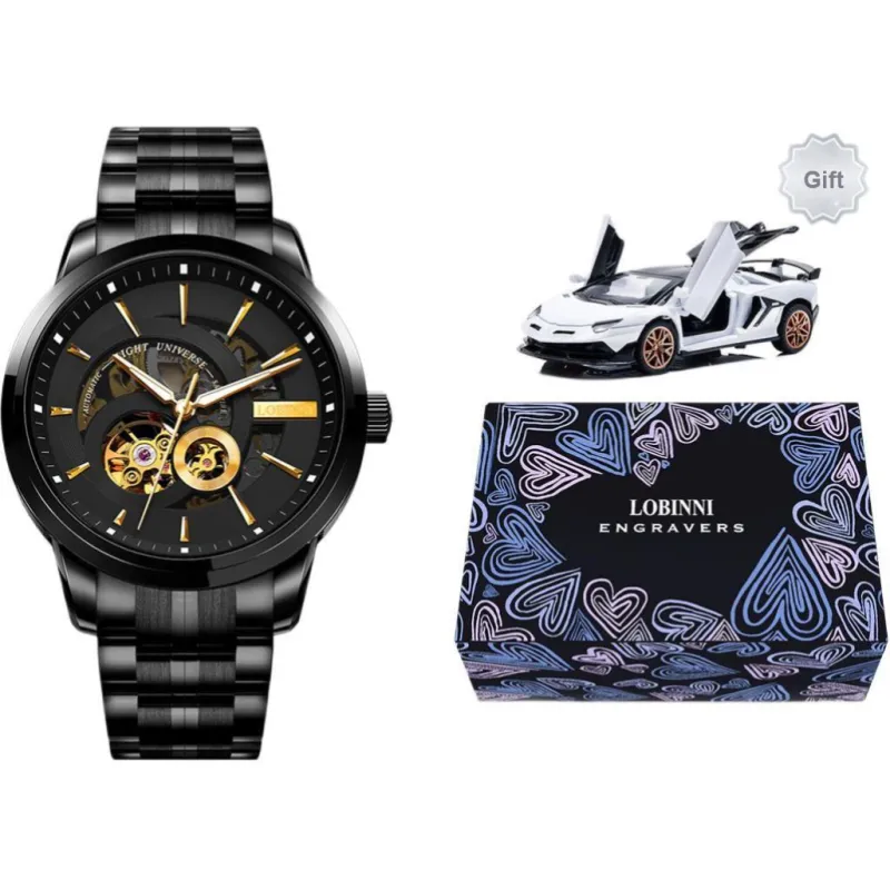 LOBINNI L Automatic Mechanical Movement Genuine Leather Strap Watch Men's Watches Black Dial-8