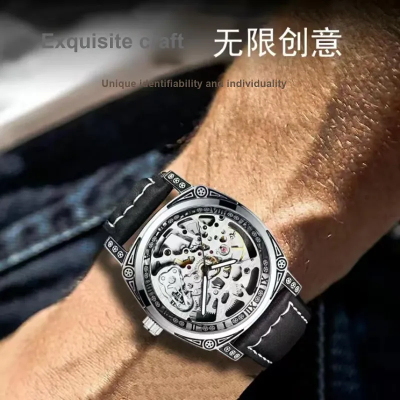 LOUIE JUELEN Mechanical Movement Genuine Leather Strap Watch Men's Watches Silver Dial-2