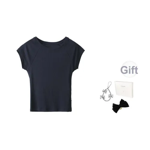 Fstudio Корейский стиль Однотонный Круглый вырез Топ Трикотажная ткань Короткий рукав Т-рубашка Женская