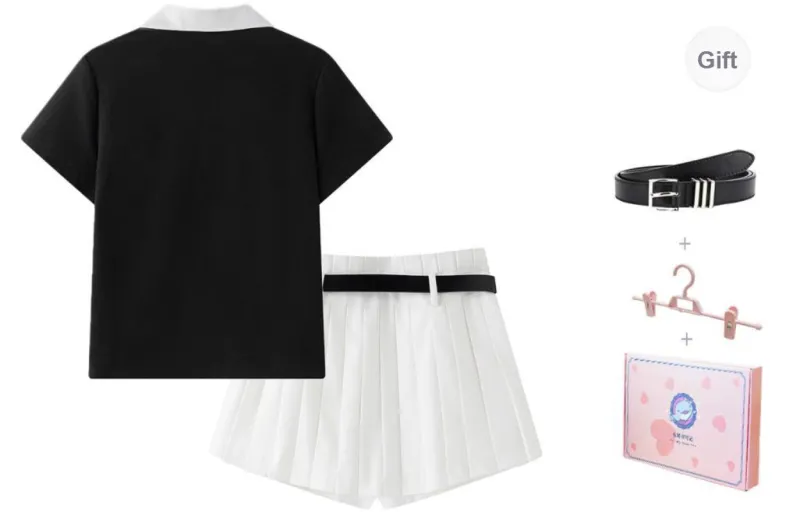 Tokyo Season Uniforms Women's Gift Box Set, Black Polo Shirt+White Pleated Short Skirt Pleated Shorts Comes With Belt+Hanger-1