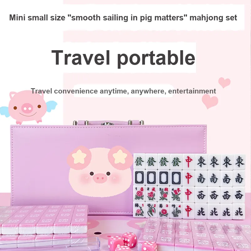 Imono Mahjong Small Size Mini Portable Travel 'Smooth Sailing In Pig Matters' Cute Cartoon Pink 26/30 Board Games-6