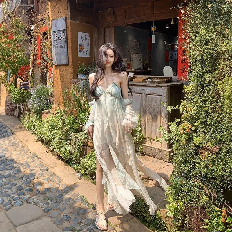Mu Xiao Xin Slip Dresses Women's Green-1