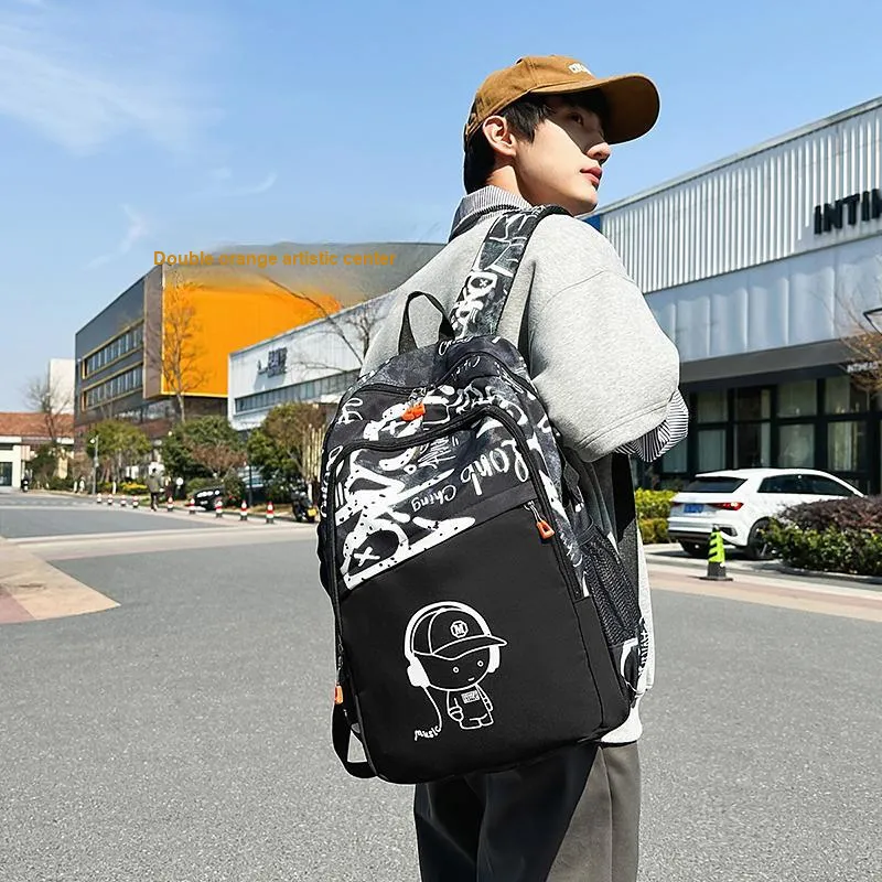 BRABOSTON Nylon Backpack Regular Unisex Pure Black/White/Blue/Black-19