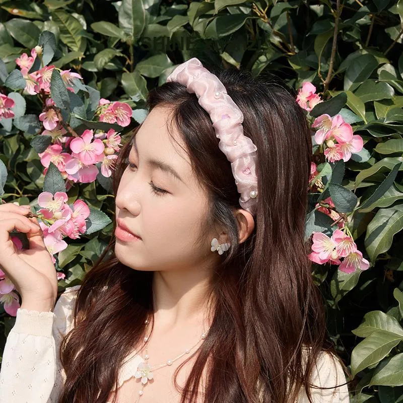 SHINE Begonia Collection Fabric, Crystal Beads, Shell Pearl Headbands Women's-4