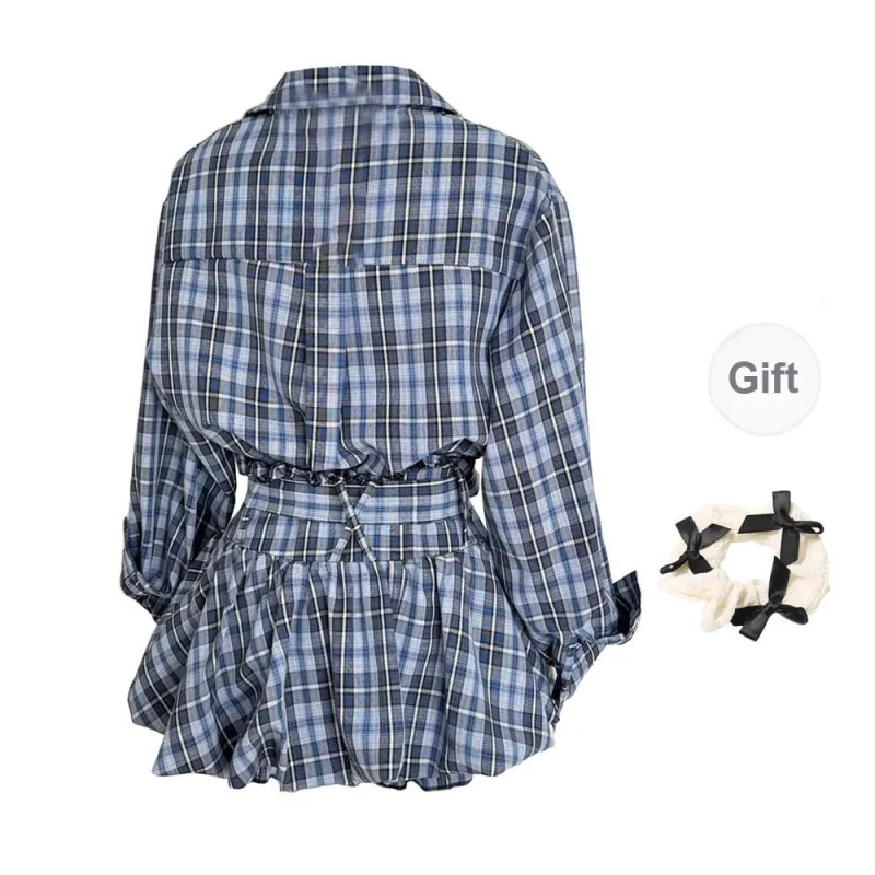 CPAURA Skirt Set Women's Blue Plaid-1