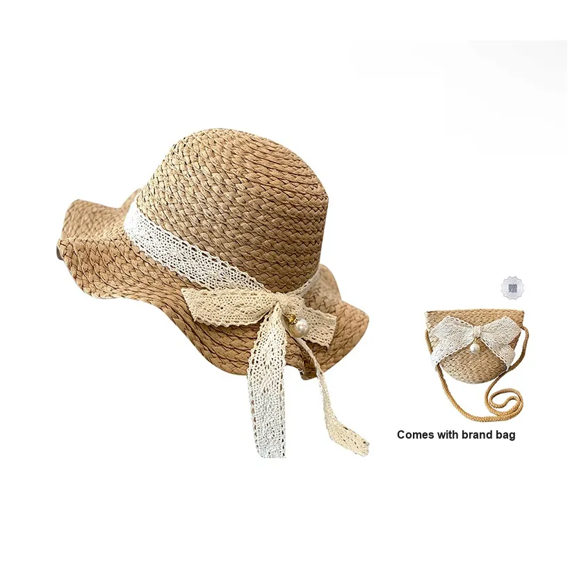 AAJF Paper Straw Summer Princess Large Brim Sun Protection Straw Hat With Sand Sun Bucket And Bag For Girls Kids'