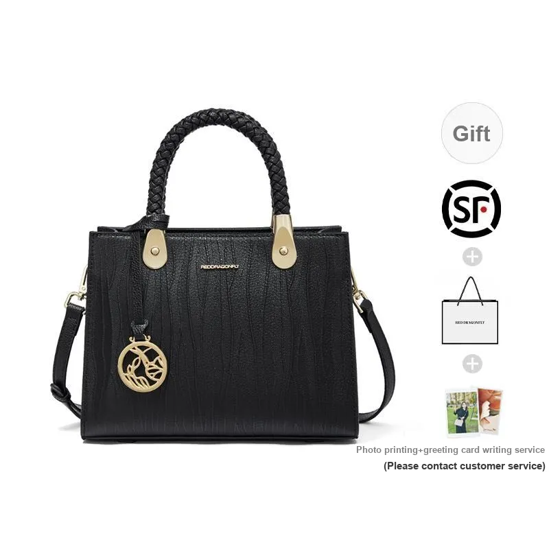 RED DRAGONFLY Cow Leather Tote Handbag, Crossbody Bag Women's Blue/Black-17