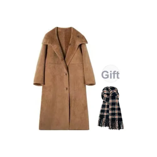 GHPC Какао-коричневый Воротник-стойка Двусторонний Длинный Включает Шарф Женское Пальто