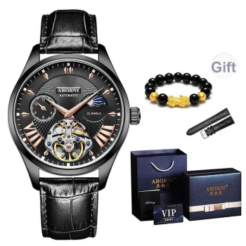 ABORNI Automatic Mechanical Movement Genuine Leather Strap Watch Men's Watches Black Dial