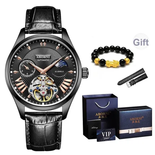 ABORNI Automatic Mechanical Movement Genuine Leather Strap Watch Men's Watches Black Dial