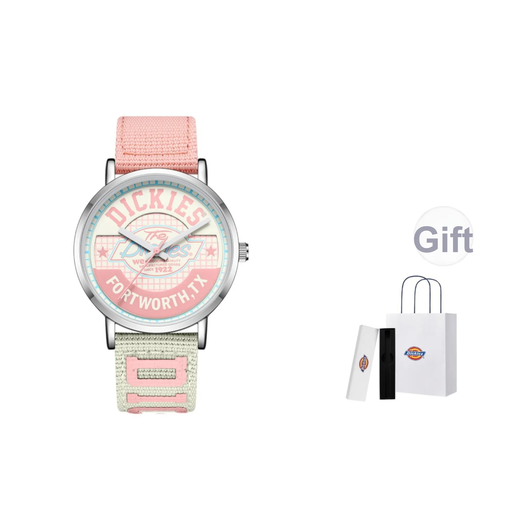 Dickies COLLEGE Entrance Exam Тихий Кварцевый механизм Наручные часы Нейлоновый ремешок Розовый циферблат Женские часы
