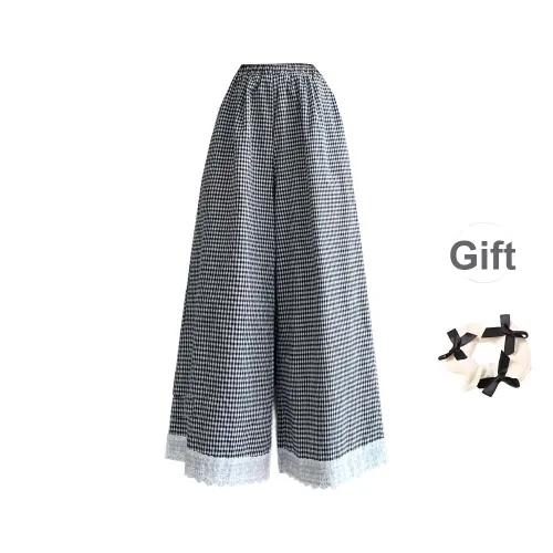TURN UP Casual Pants Women's Black White Plaid+Bowknot Hair Tie Comes With