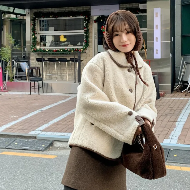 Fstudio Fall And Winter Petite Cropped Lambswool Coat Top Women's Apricot-5