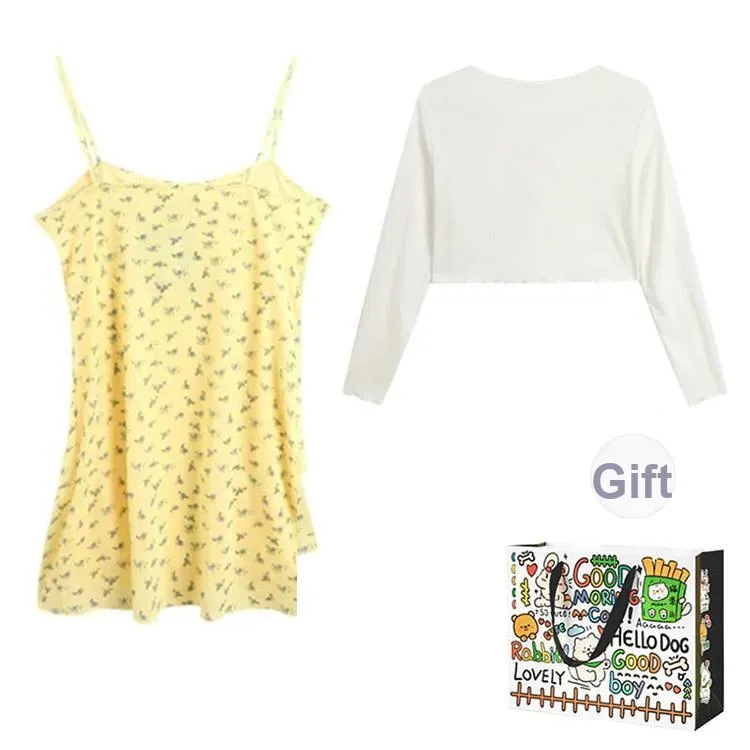 Dippanis Two Piece Skirt Sets Women's Yellow Camisole Dress+White Cardigan Shopping Bag-1