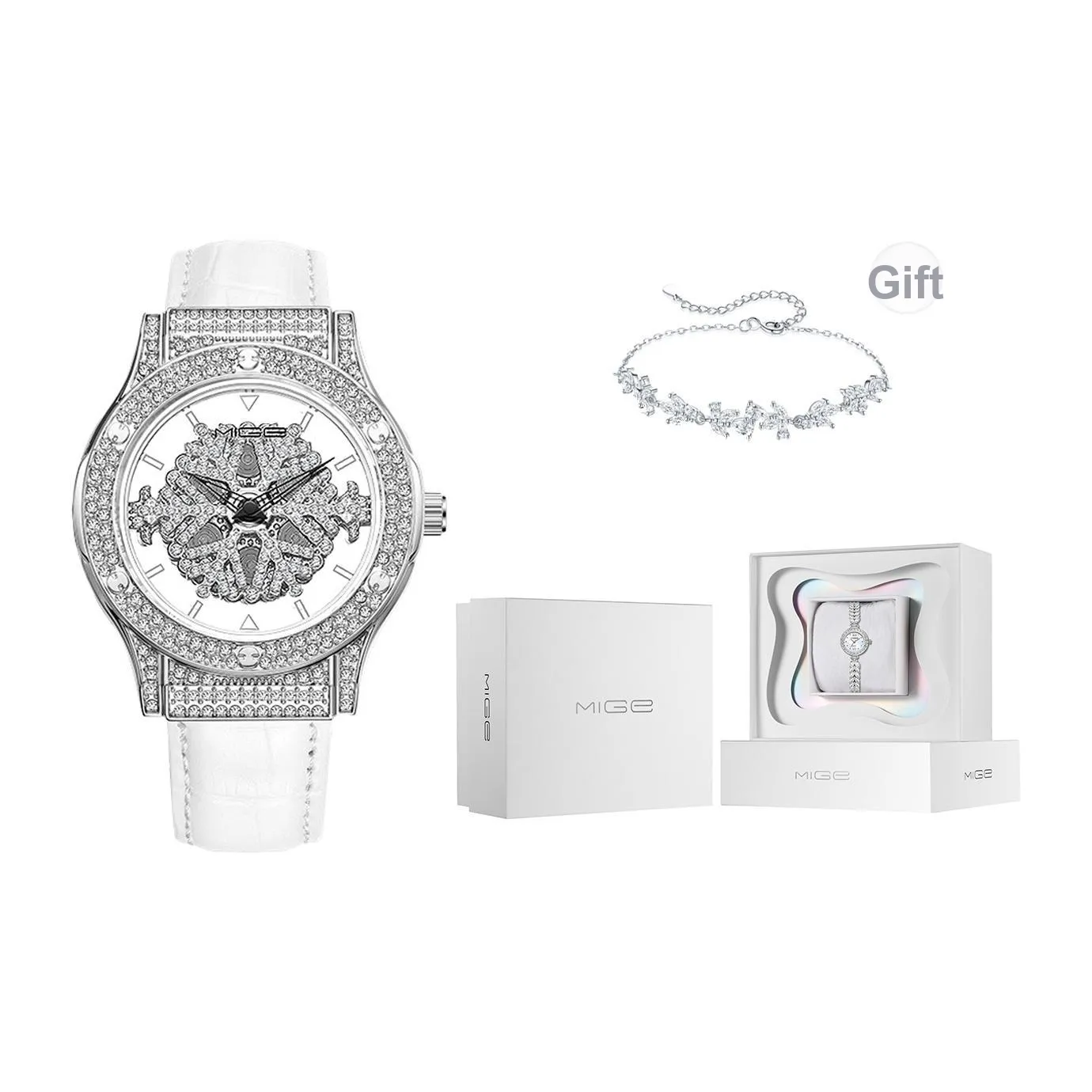 MIGE Mermaid Series Кварцевый механизм Естественная кожа Ремешок Часы Женские Серебристый циферблат