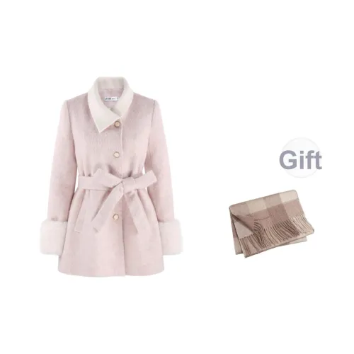 DITB Розовый Шерстяное пальто Съемный ворсистый рукав Женское пальто